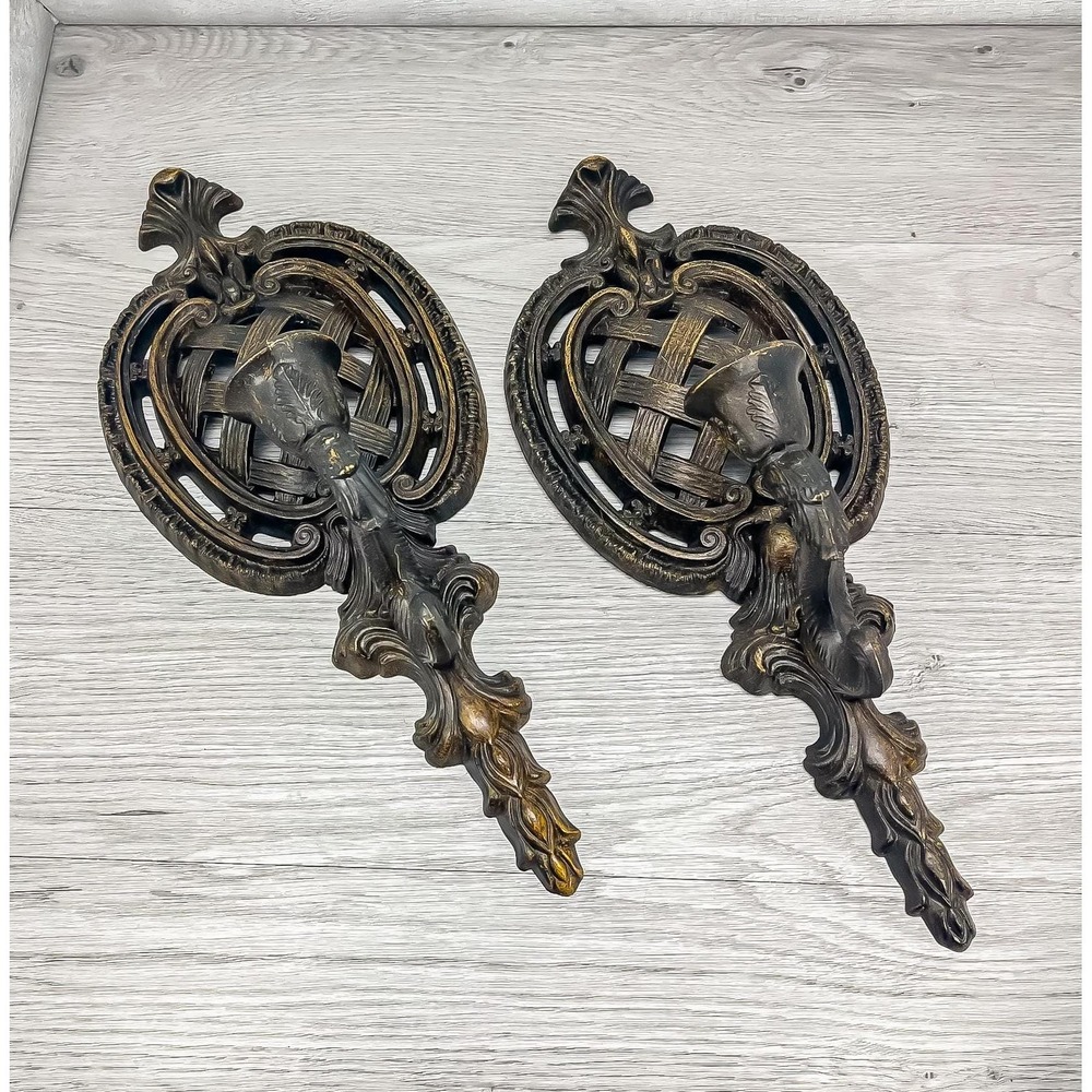 Vintage Faux Wicker Resin Sconce Candleholder Set - Made in USA